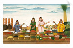 Women selling fruit, vegetables, grains and spices in a bazaar by Shiva Dayal Lal