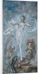 Standing female nude between a lion and a satyre by Alfred Gilbert