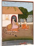 Two female ascetics seated in discussion outside a hut. Murshidabad, India, mid-18th century by Unknown