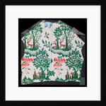 Dress fabric with deer, trees, house and grapes motifs by Unknown