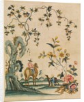 Portion of wallpaper depicting a man on a camel and a boy with a greyhound by Unknown