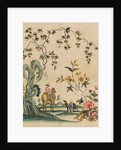 Portion of wallpaper depicting a man on a camel and a boy with a greyhound by Unknown