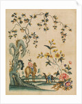 Portion of wallpaper depicting a man on a camel and a boy with a greyhound by Unknown