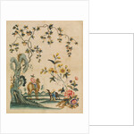 Portion of wallpaper depicting a man on a camel and a boy with a greyhound by Unknown