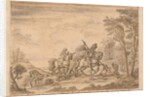 Archimago personating the Redcross knight is overthrown by Sans Loy who kills Unas Trusty Lyon by William Kent