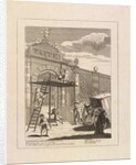 Etching depicting William Kent on top of the gate flanked by Raphael and Michelangelo by William Hogarth