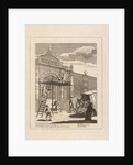 Etching depicting William Kent on top of the gate flanked by Raphael and Michelangelo by William Hogarth