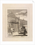 Etching depicting William Kent on top of the gate flanked by Raphael and Michelangelo by William Hogarth