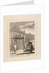 Etching depicting William Kent on top of the gate flanked by Raphael and Michelangelo by William Hogarth