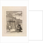 Etching depicting William Kent on top of the gate flanked by Raphael and Michelangelo by William Hogarth