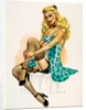 Pin-up girl seated on a bed in stockings and slip by Wilfrid R. Addey