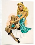 Pin-up girl seated on a bed in stockings and slip by Wilfrid R. Addey