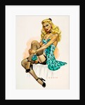 Pin-up girl seated on a bed in stockings and slip by Wilfrid R. Addey