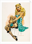 Pin-up girl seated on a bed in stockings and slip by Wilfrid R. Addey