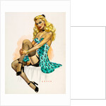 Pin-up girl seated on a bed in stockings and slip by Wilfrid R. Addey