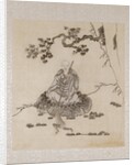 Lohan seated on a rock with a monkey running in front of him by Unknown
