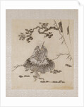 Lohan seated on a rock with a monkey running in front of him by Unknown