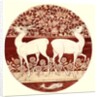 Circular dish design showing two deer, a fruit tree, a fish, and flowers by William Frend De Morgan