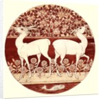 Circular dish design showing two deer, a fruit tree, a fish, and flowers by William Frend De Morgan