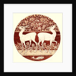 Circular dish design showing two deer, a fruit tree, a fish, and flowers by William Frend De Morgan