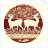 Circular dish design showing two deer, a fruit tree, a fish, and flowers by William Frend De Morgan