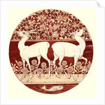 Circular dish design showing two deer, a fruit tree, a fish, and flowers by William Frend De Morgan