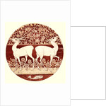 Circular dish design showing two deer, a fruit tree, a fish, and flowers by William Frend De Morgan