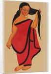Courtesan in sari holding her long dark hair by Kali Charan Ghosh