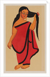 Courtesan in sari holding her long dark hair by Kali Charan Ghosh