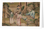 Panel of Chinese wallpaper depicting a theatrical performance, detail by unknown