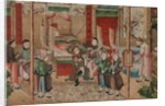Panel of Chinese wallpaper depicting a theatrical performance, detail by unknown
