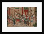 Panel of Chinese wallpaper depicting a theatrical performance, detail by unknown