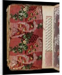 Sample of dress silk with scrolling flowers around lace handkerchiefs by Unknown