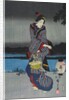 Young woman admiring cherry blossom at night, detail of triptych by Utagawa Hiroshige