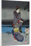 Young woman admiring cherry blossom at night, detail of triptych by Utagawa Hiroshige