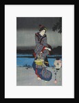 Young woman admiring cherry blossom at night, detail of triptych by Utagawa Hiroshige