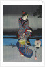 Young woman admiring cherry blossom at night, detail of triptych by Utagawa Hiroshige