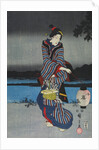 Young woman admiring cherry blossom at night, detail of triptych by Utagawa Hiroshige