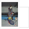 Young woman admiring cherry blossom at night, detail of triptych by Utagawa Hiroshige