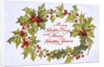 Christmas card depicting a holly wreath by Anonymous