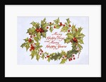 Christmas card depicting a holly wreath by Anonymous