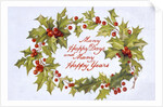 Christmas card depicting a holly wreath by Anonymous