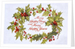 Christmas card depicting a holly wreath by Anonymous