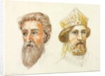 Truro Cathedral, detail of two men's heads, one wearing a gold crown by William Burges