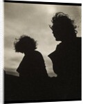 Silhouette of two women hair blown by wind sitting in wooden boat by Curtis Moffat
