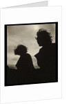 Silhouette of two women hair blown by wind sitting in wooden boat by Curtis Moffat