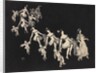Silhouettes of children dressed as clowns hand in hand with female figures by Anonymous