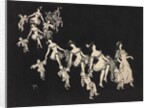 Silhouettes of children dressed as clowns hand in hand with female figures by Anonymous