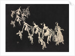 Silhouettes of children dressed as clowns hand in hand with female figures by Anonymous