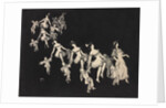 Silhouettes of children dressed as clowns hand in hand with female figures by Anonymous